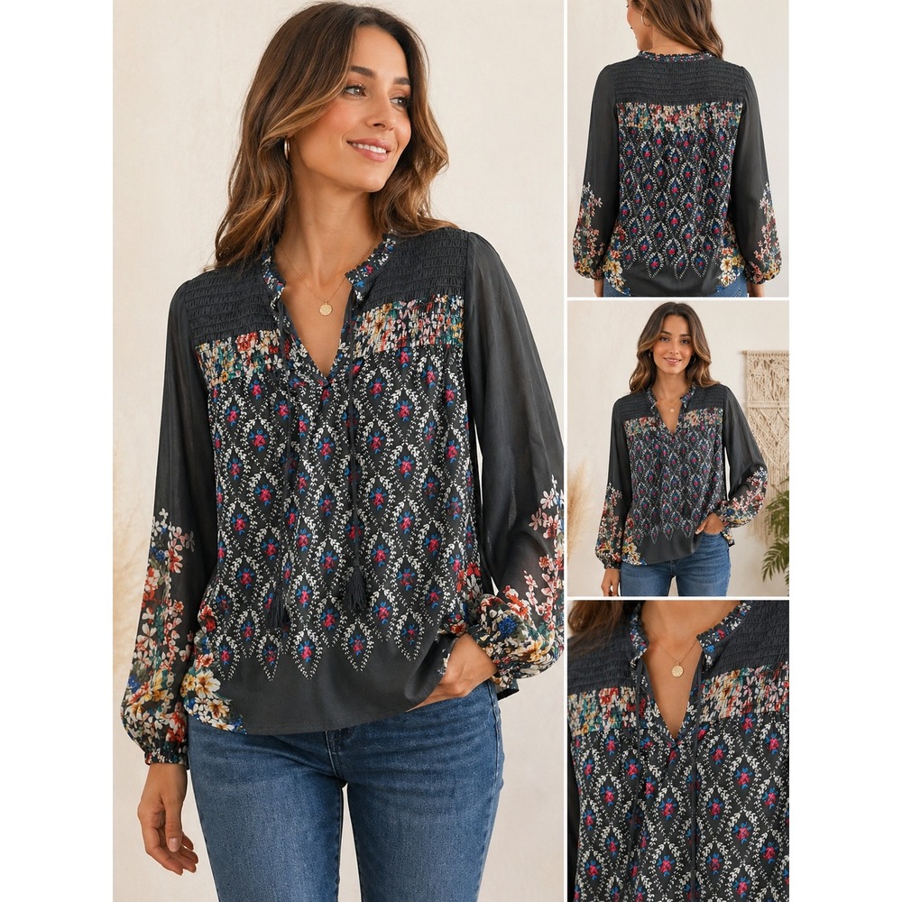 Philosophy Blouse Floral Geometric Smocked Tassel Boho Black Small‎